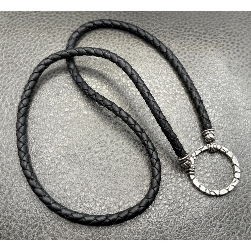 Y2K Black Braided Cord Pendant Necklace Circle Pendant 23" Long Silver Tone